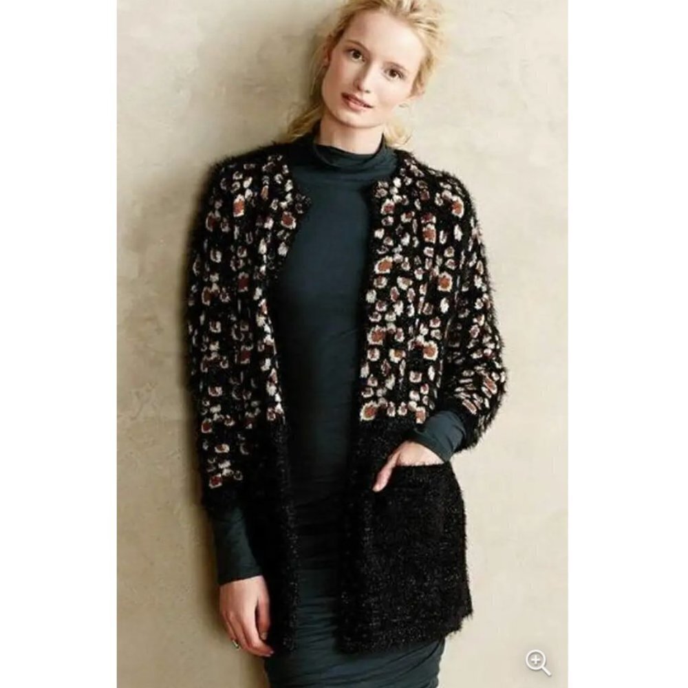 LA FEE VERTE Anthropologie Black Brown Leopard Mohair Long Cardigan Sweater M - Picture 7 of 8